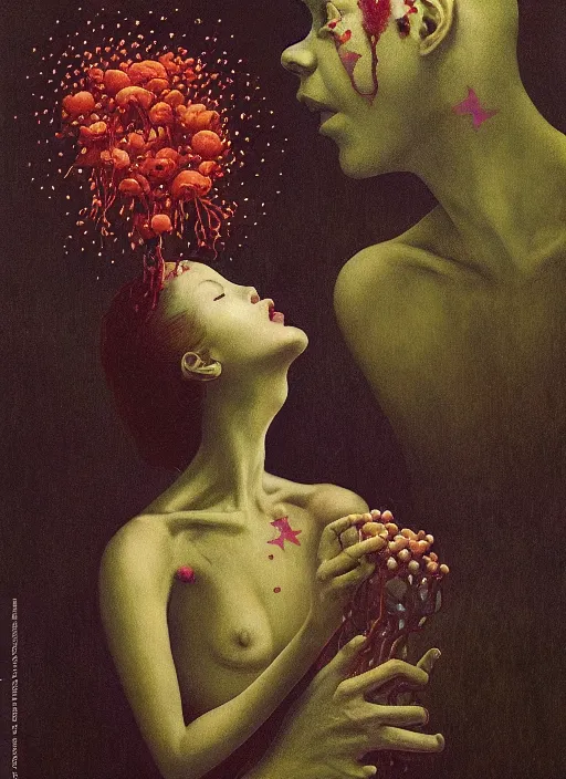 Image similar to She Eats of the Strangling Fruit and Her polyp blossoms bring iridescent fungal flowers whose spores black the foolish stars Edward Hopper and James Gilleard, Zdzislaw Beksinski, Mark Ryden, Wolfgang Lettl highly detailed