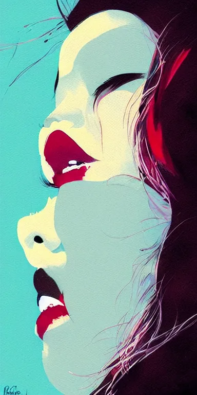 Prompt: minimal abstract painting, profile closeup of the lips of a young filipino woman, smoke coming from her mouth, surrounded by thick swirling smoke, by conrad roset, long paint brush strokes, dramatic lighting, trending on artstation