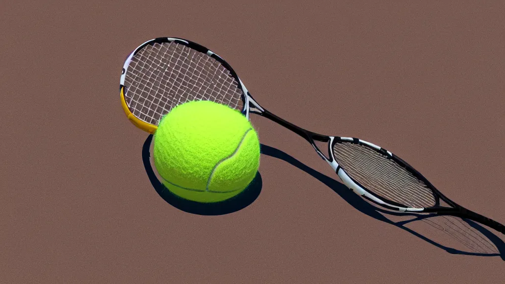 Image similar to a 3D render of a tennis racket, laying on top of a tennis ball in the dessert, high contrast, highly detailed, sharp focus, digital painting, 3D art, illustration, trending on artstation,