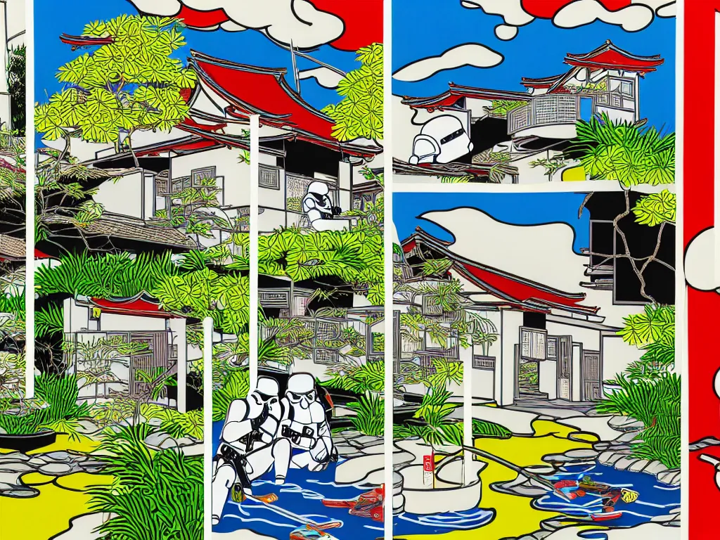 Image similar to detailed close - up image of the japanese home with a garden and a pond, 2 stormtroopers sitting around it, pop - art style, jacky tsai style, andy warhol style, roy lichtenstein style, rich palette, acrylic on canvas