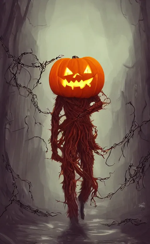 Image similar to fantasy monster concept art, a jack o lantern monster with vines for a body walking down a street of nightmares, dynamic lighting, photorealistic, trending on art station, stunning visuals, creative, cinematic, ultra detailed, atmospherical, ambient lighting, scary art, eery art