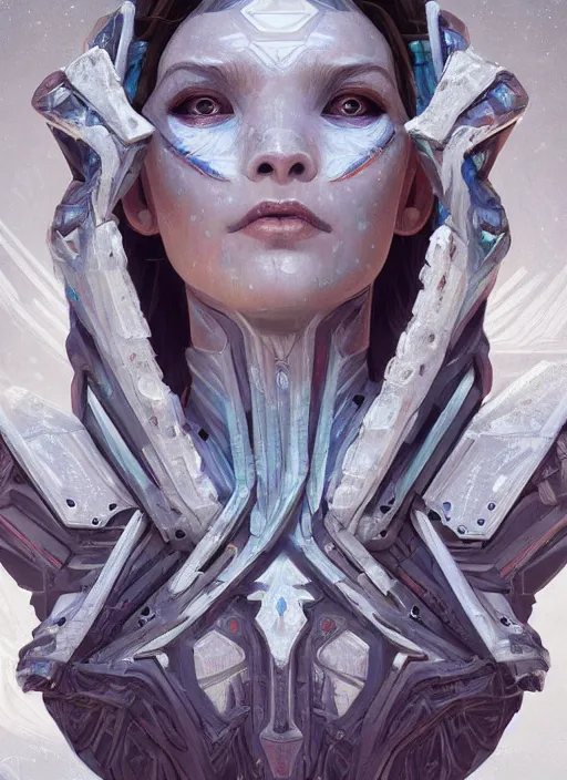 Image similar to symmetry!! portrait of alien made of ice in the style of horizon zero dawn, machine face, intricate, elegant, highly detailed, digital painting, artstation, concept art, smooth, sharp focus, illustration, art by artgerm and greg rutkowski and alphonse mucha, 8 k