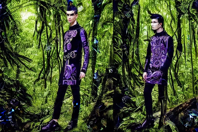 Prompt: versace avant garde male tunics intricate modern choatic textiles streetwear cyberpunk posing in the jungle woods cloudy overcast dark dramatic mysterious