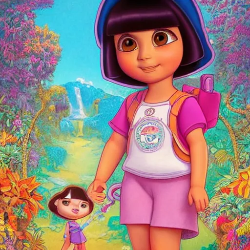 Prompt: dora the explorer as real girl in happy pose, detailed, intricate complex background, Pop Surrealism lowbrow art style, mute colors, soft lighting, by Mark Ryden and mucha, artstation cgsociety