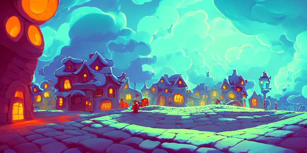 Prompt: curled perspective digital art of curvy clouds small village cobblestone street'by anton fadeev'from'nightmare before christmas'