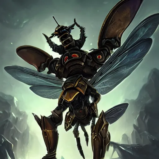 Prompt: portrait of humanoid wasp resembling a knight in black monstrous armor with dragonfly wings on its back, league of legends splash art, hearthstone splash art, full body shot, rule of thirds, ultrafine hyperrealistic detailed face, artgerm, greg rutkowski, trending on artstation, 8 k, intricately detailed, highly detailed