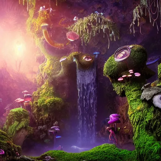 Prompt: mythical gigantic space cavern, ultra realist 3 d render curiosities carnival pond vegetation rocks mushrooms and tentacles covered moss, luminescent wisps, stunning waterfall, accurate features, focus, very intricate ultrafine details, random volumetric lighting, fog, award winning masterpiece, octane render 8 k hd, artstation