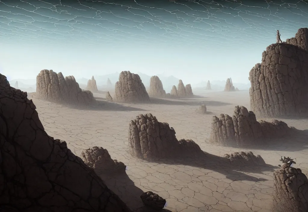 Image similar to The landscape of a gray barren land with dry gray land, enclosed in incredibly endlessly-gigantic smoothed rock walls. The walls are so far apart that they disappear over the horizon. Art by Finnian MacManus, Simon Stalenhag, Arthur Rackham. Masterpiece, fantasy art, cinematic, hyperdetailed, photorealistic, hyperrealism, octane rendering, 8k