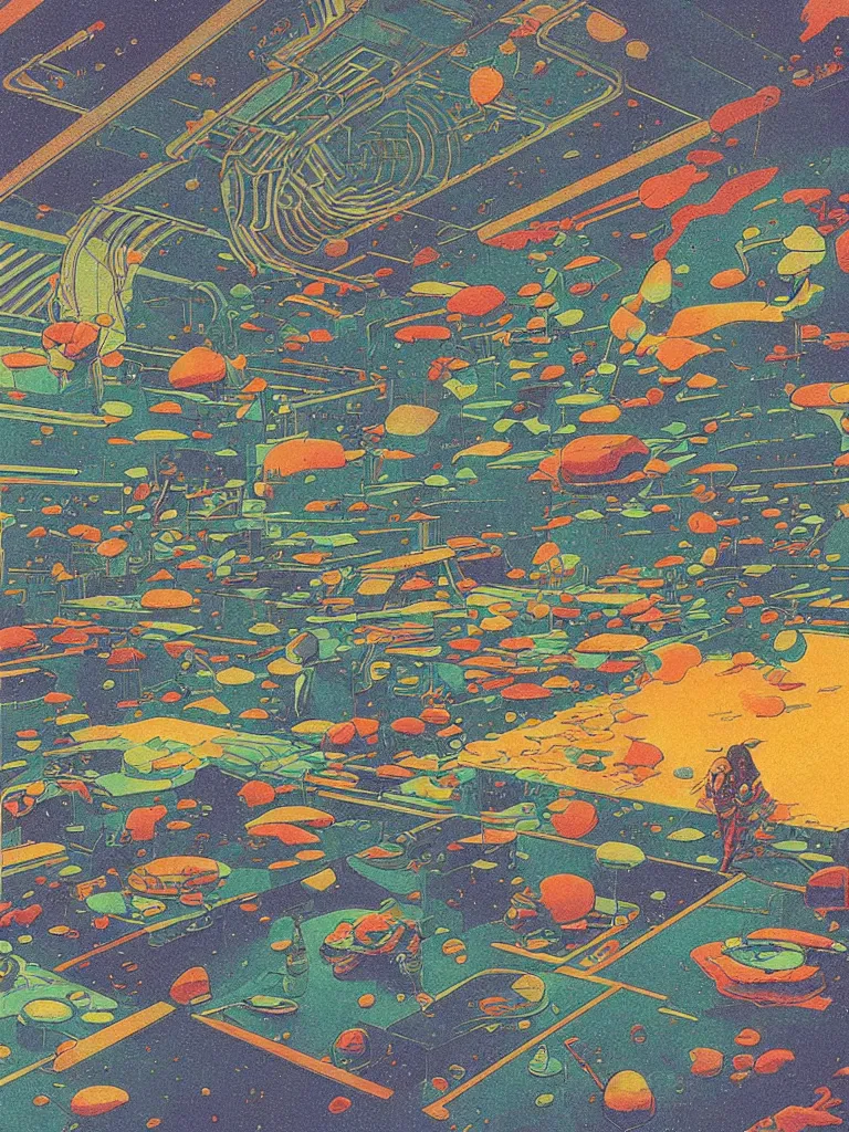 Image similar to a psychedelic hallucination of a brutalist hotel on the surface of an asteroid near saturn, by kawase hasui, moebius, edward hopper, colorful flat surreal design, dramatic lighting, hd, 8 k, artstation