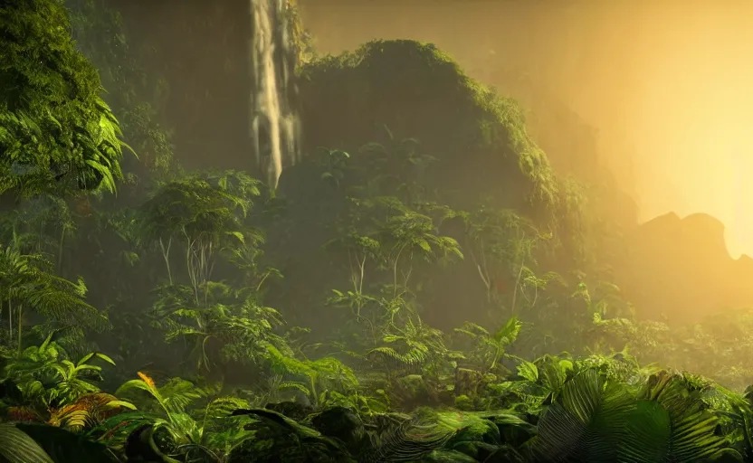 Image similar to a beautiful render of a dark prehistoric rainforest, lush flora, patches of sky, sunset, flying mountains and a waterfall in the background, intricate detail, hazy, humid, volumetric lighting, 8 k, photorealistic, raytracing effects, unreal engine 5