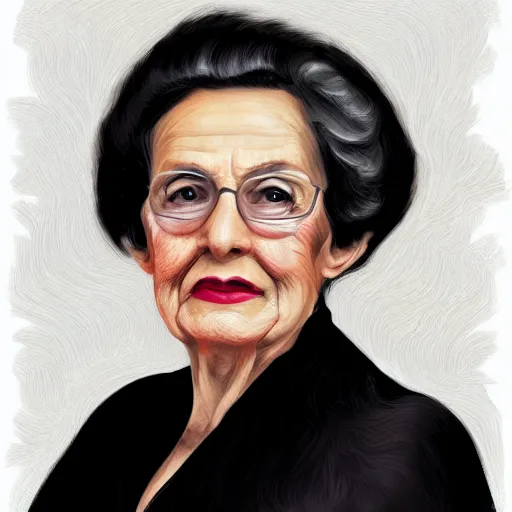 Prompt: a digital portrait of a 93 year old with black hair,hazel green eyes, drawn in the style of mark Arian