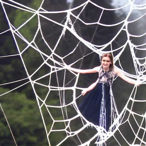 Prompt: emma watson suspended from and stuck in a giant spider web