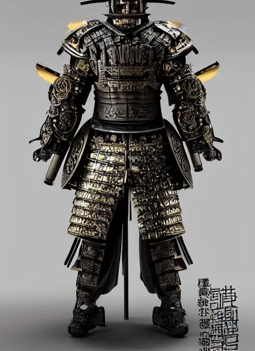 Image similar to hyper realistic glorious ancient samurai in a obsidian metal armor, futuristic design, designed by makoto kobayashi and luca zampriolo, portrait, cyberpunk style, wood and gold details, intricate, extremely detailed, ornate, deep of field, hard surface, exoskeleton, substance designer metal unreal engine. amazing likeness. very detailed.