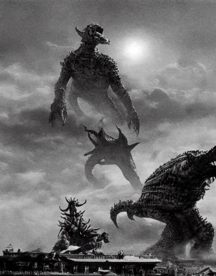 Image similar to a filmstill of a north korean monster movie, kaiju - eiga monster with starfish - arms trampling a traditional korean palace, foggy, film noir, epic battle, etheral, explosions, communist propaganda, communist epic thriller, by kim jong - il and akira kurosawa and tim burton, video compression