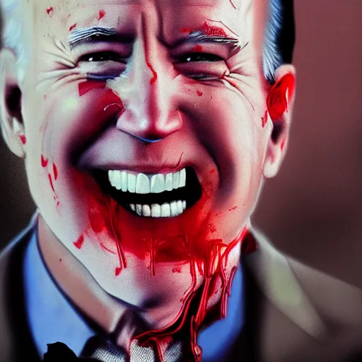 Image similar to joe biden smiling with blood in his face while behind him the world is burning, dramatic lighting, cinematic, establishing shot, extremly high detail, photorealistic, cinematic lighting, artstation, style by James Gurney