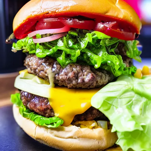 Image similar to close ups photo of a delicious cheeseburger with lots of toppings, film photograph