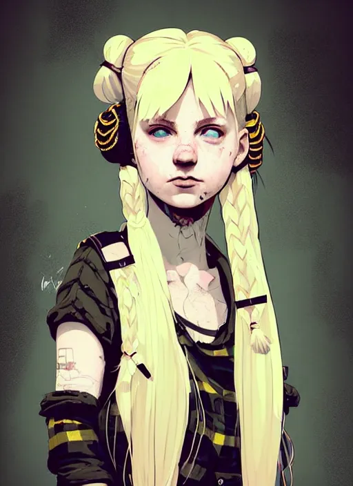 Image similar to highly detailed closeup portrait of a sewer punk pretty swedish female road warrior student, tartan garment, blonde hair pigtails with headband by atey ghailan, by greg rutkowski, by greg tocchini, by james gilleard, by joe fenton, by kaethe butcher, gradient yellow, black, brown and white color scheme, grunge aesthetic!!! white graffiti tag wall background