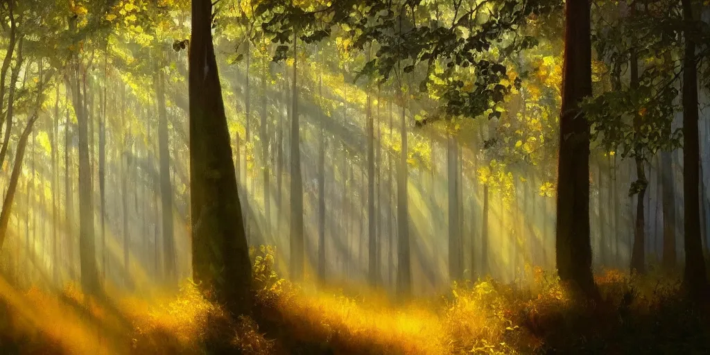 Image similar to An oil painting of an intensely beautiful forest in the morning; rays of light coming through the canopy; trending on artstation; extraordinary masterpiece!!!!!!