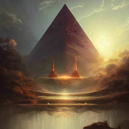 Image similar to ultradetailed pyramid structure emitting an energy beam into the atmosphere by peter mohrbacher and emmanuel shiu and martin johnson heade and bastien lecouffe - deharme