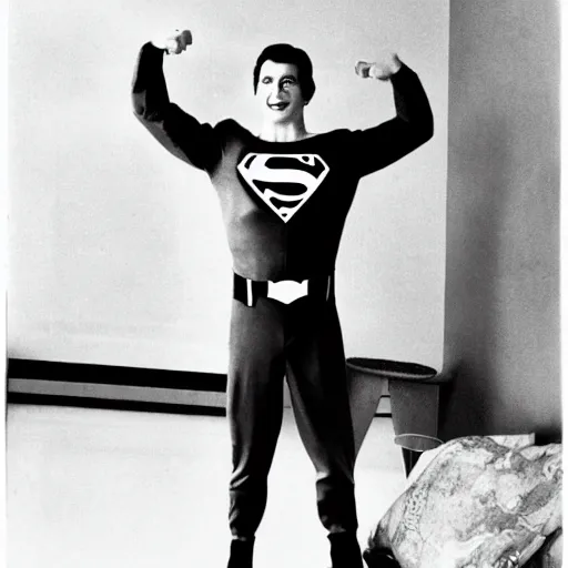 Prompt: woody Alen in superman outfit as muscle man