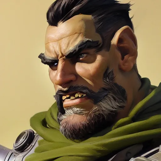 Image similar to greg manchess close - up portrait painting of a handsome older male dieselpunk orc with olive green skin as an overwatch character, medium shot, asymmetrical, profile picture, organic painting, sunny day, matte painting, bold shapes, hard edges, street art, trending on artstation, by huang guangjian and gil elvgren and sachin teng