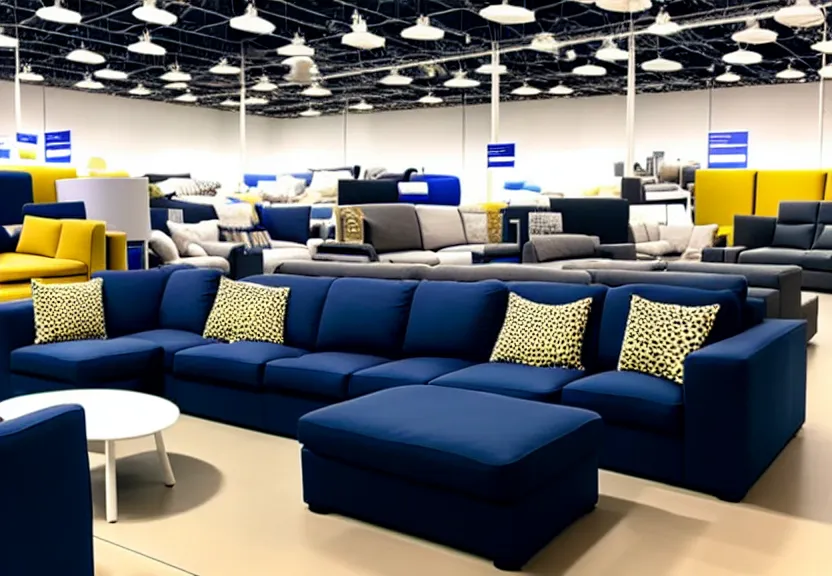 Prompt: a photograph of an ikea showroom, with couches that are designed with starry night visuals