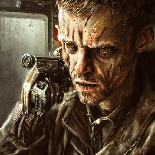 Image similar to aged shaggy ex military soldier, cyberpunk, painted by seb mckinnon, high detail, dramatic light, digital art, painted by greg rutkowski, promotional movie posterart, trending on artstation