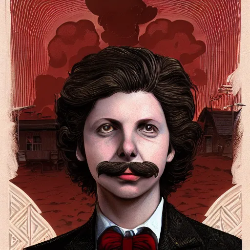 Prompt: a detailed portrait of michael cera as an old west villain, long twirling moustache, by dan mumford, yusuke murata, makoto shinkai, ross tran, cosmic, heavenly, god rays, intricate detail, cinematic, 8 k, cel shaded, unreal engine, featured on artstation, pixiv