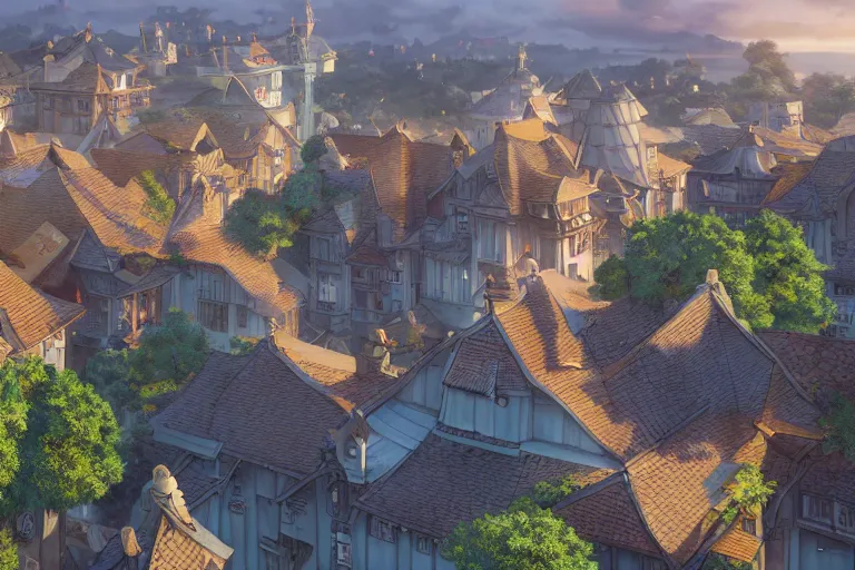 Prompt: a wholesome animation key shot of a traditional city with tiled roofs, architecture, very detailed, medium shot, studio ghibli, pixar and disney animation, sharp, rendered in unreal engine 5, anime key art by greg rutkowski, bloom, dramatic lighting, blue sky with clouds