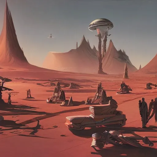 Prompt: group of nomads travelling on an alien world, cinematic lighting, science - fiction, detailed, matte painting, syd mead, john harris,