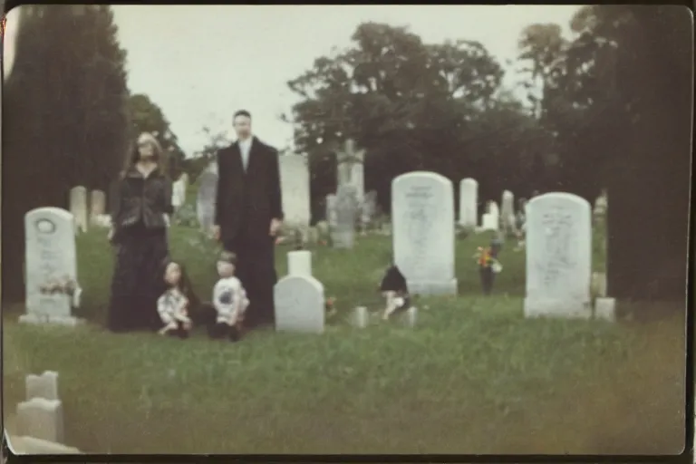 Image similar to old polaroid of weird lookin family photo in the cemetery, there is a demon in the background