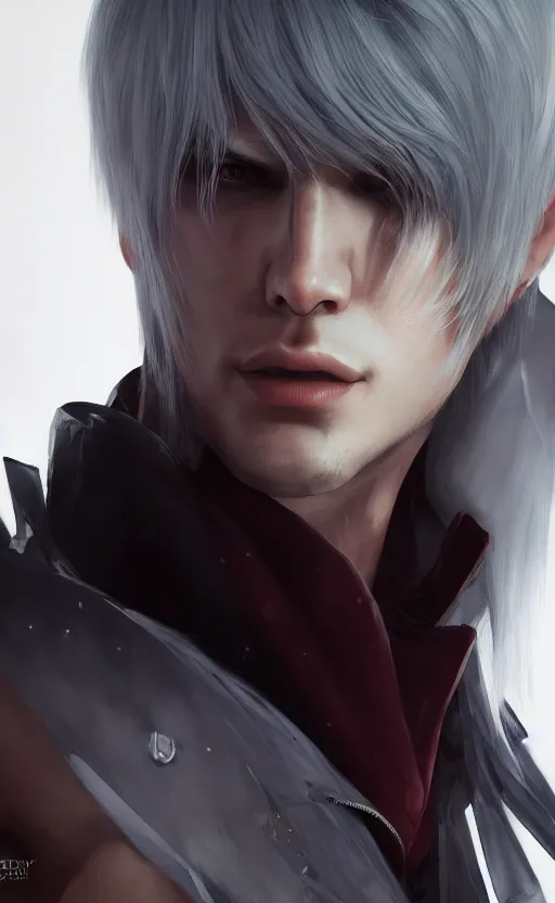 Prompt: V from Devil May Cry, close up portrait by loish and WLOP, octane render, dynamic lighting, highly detailed, sharp focus, asymmetrical portrait, dark fantasy, trending on ArtStation