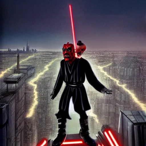 Image similar to Darth Maul overlooking coruscant, artwork by tim burton