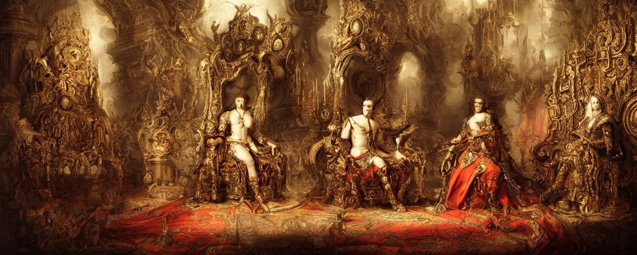 Prompt: epic, wideangle, digital painting, of a 1 7 th century, decadent, cyborg king sitting in his throne room, surrounded by lackeys, dark hair, piercings, amber jewels, baroque, ornate dark red opulent clothing, scifi, futuristic, realistic, hyperdetailed, concept art, art by rembrandt, masterpiece