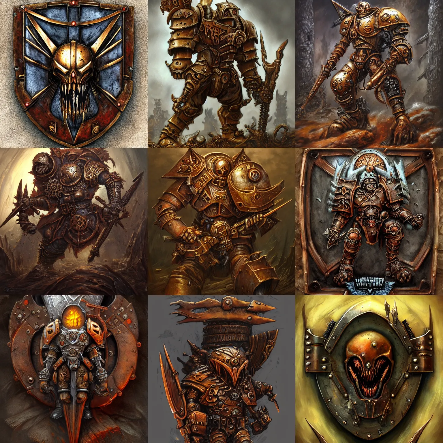 Prompt: rusty shield, in the style of warhammer and Justin Gerard and giger, highly detailed, trending on artstation, award winning