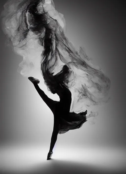 Image similar to a Photorealistic dramatic hyperrealistic render of a glamorous beautiful Female smoke dancer by Ken Brower and Deborah Ory of NYC Dance project,Lois Greenfield,Flowing cloth and smoke,Beautiful dynamic dramatic dark moody lighting,volumetric,shadows,cinematic atmosphere,Octane render,8K