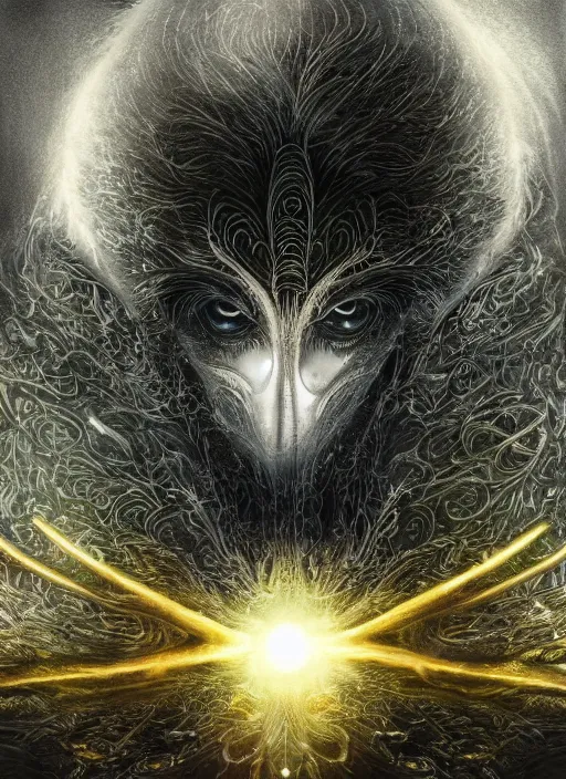 Image similar to glowing silver and golden elements, full close-up portrait, ghibli crow, book cover, green forest, white moon, establishing shot, extremly high detail, photo-realistic, cinematic lighting, pen and ink, intricate line drawings, by Yoshitaka Amano, Ruan Jia, Kentaro Miura, Artgerm, post processed, concept art, artstation, matte painting, style by eddie mendoza, raphael lacoste, alex ross