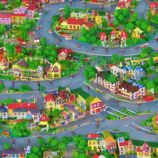 Image similar to zoomed in section of a larger map of busytown, extreme detail, sharp colors, octane render, 8k