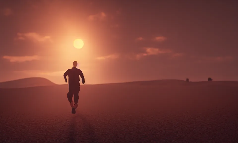 Image similar to A lonely man running towards the sunset in the dusk,featured in artstation, octane render, cinematic, elegant, intricate, 8k