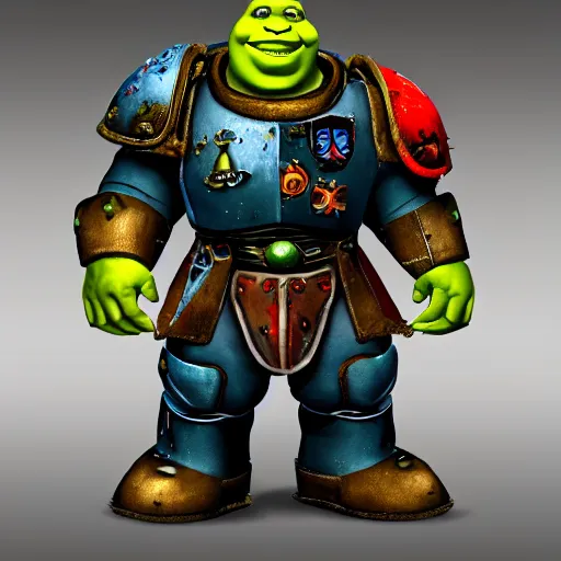 Image similar to shrek wearing warhammer space marine armor art 4 k deviantart artstation dynamic pose no helmet