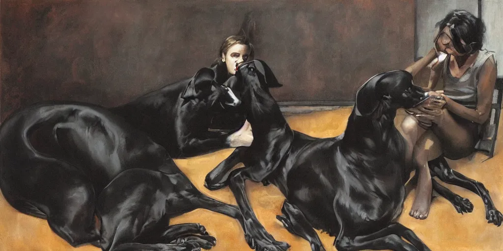 Prompt: a woman sitting with a black greyhound, flowers, dark atmosphere. by normal rockwell, jenny saville, phil hale