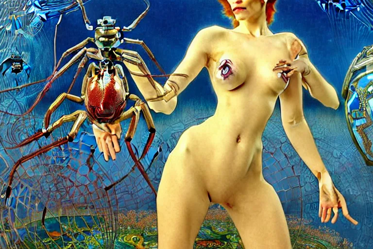 Image similar to realistic extremely detailed portrait painting of a fully dressed woman with a giant spider, futuristic sci-fi landscape on background by Amano, Yves Tanguy, Alphonse Mucha, Ernst Haeckel, Edward Robert Hughes, Roger Dean, rich moody colours, blue eyes