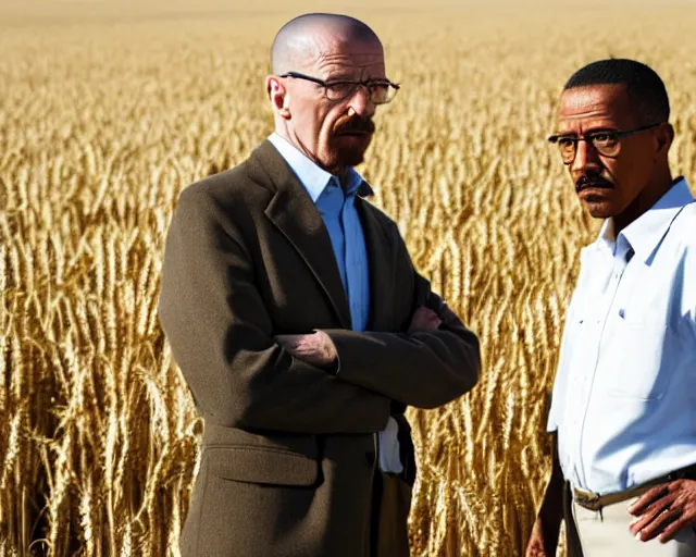 Image similar to extreme long shot of walter white and gustavo fring stand facing each other from a distance in a wheat field, low angle, side view, 8 5 mm photograph, 8 k resolution, wide shot, sharp lens, high detail, cinematic
