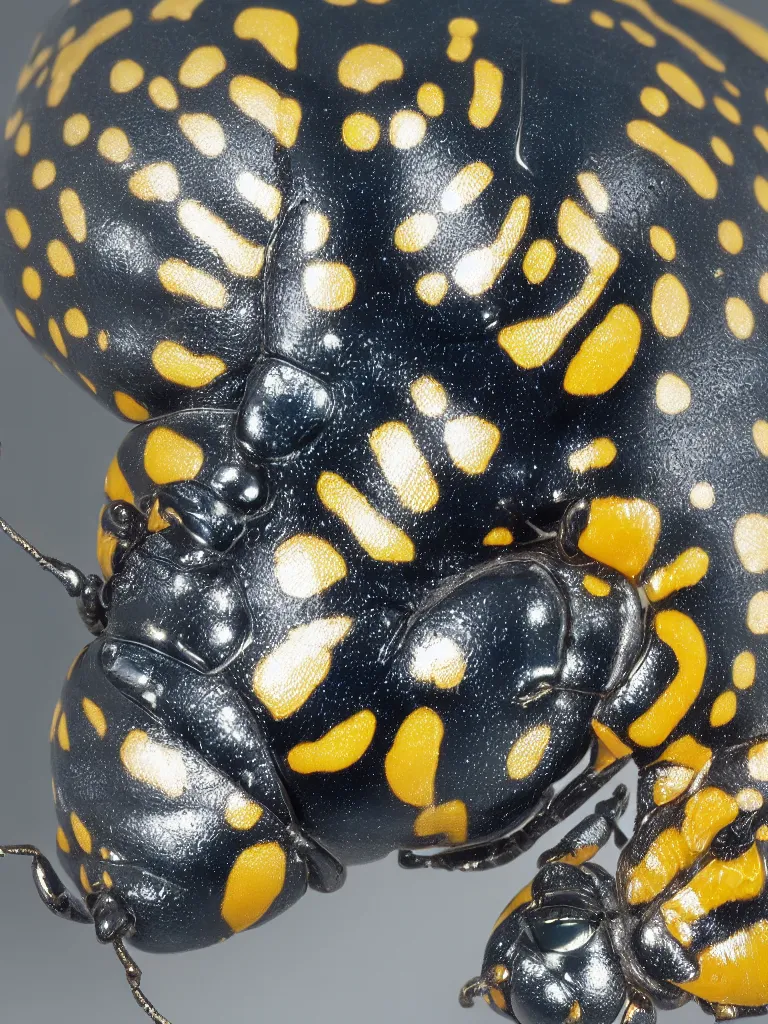 Prompt: close - up shot of a beautiful spotted beetle. insect eyes. complementary color scheme. subsurface scattering, translucency, backlit, diffused, smooth. studio photography high quality highly detailed award winning photograph by national geographic, by slim aarons. sculpture by antonio canova, renaissance painting