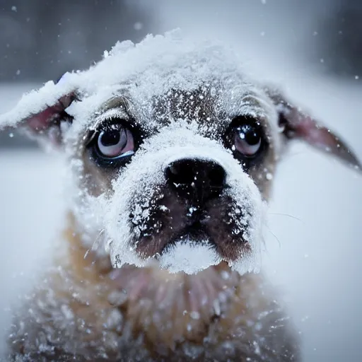 Image similar to Up close Photorealistic photograph of a cute puppy in snow, photorealism, photorealistic, realism, real, highly detailed, ultra detailed, detailed, shutter speed 1/1000, Canon EOS 90D, up-close, Wildlife Photographer of the Year, Pulitzer Prize for Photography, 8k