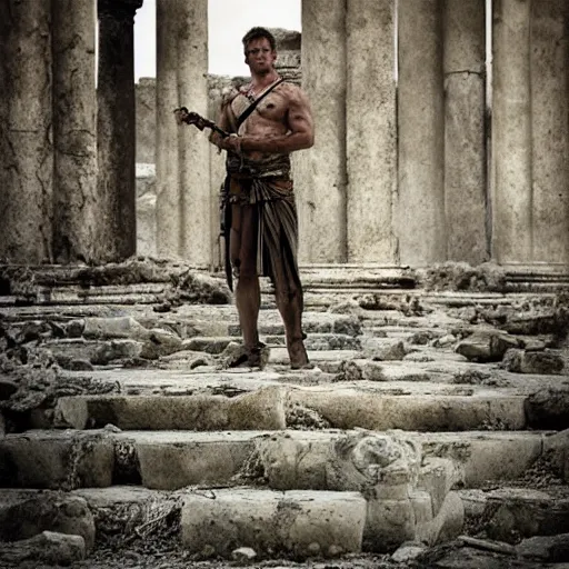 Image similar to portrait of Achilles holding a spear, standing in ruins, fallen columns, highly detailed face, tom chambers photography