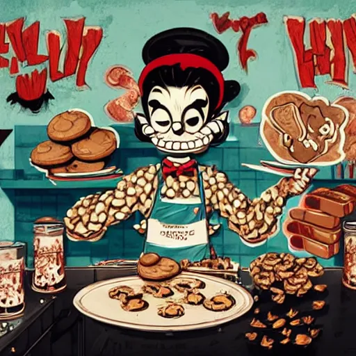 Image similar to evil human cookie cooking a bunch of cookies, in the kitchen, cuphead, painterly, logo, graffiti, elegant, highly detailed, digital art, art by jc leyendecker and sachin teng