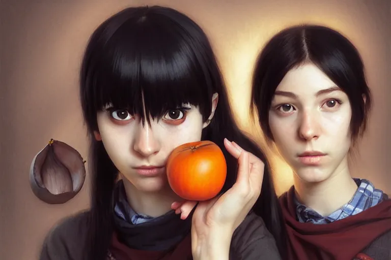 Prompt: tall emo girl artist holding small portraits and a persimmon, on shinkansen in tokyo. hyper detailed, digital art, artstation, cinematic lighting, studio quality, smooth render, by caravaggio, artgerm, greg rutkowski, craig mullins