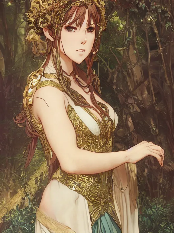 Image similar to anime key visual closeup of amora the enchantress wearing a medieval gown!! intricate, magical forest, stunning, highly detailed, digital painting, artstation, smooth, hard focus, illustration, art by artgerm and greg rutkowski and alphonse mucha