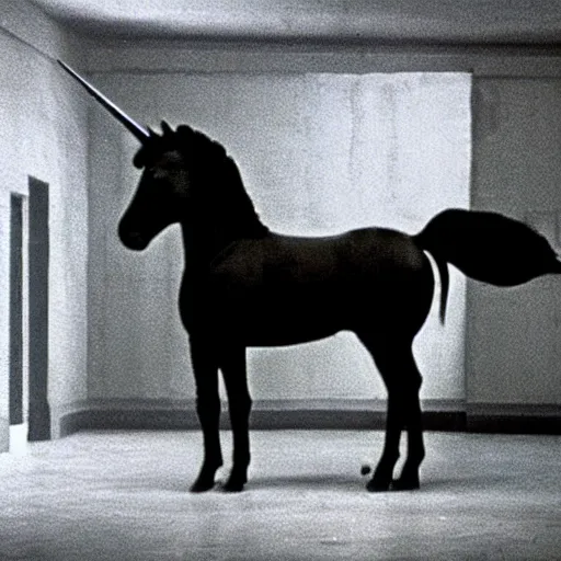 Prompt: a black unicorn in a Soviet building, film still by David Lynch